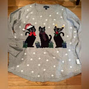WOMENS 1X CHRISTMAS CAT SWEATER GRAY WITH WHITE SNOWFLAKES NWT CAT LOVER